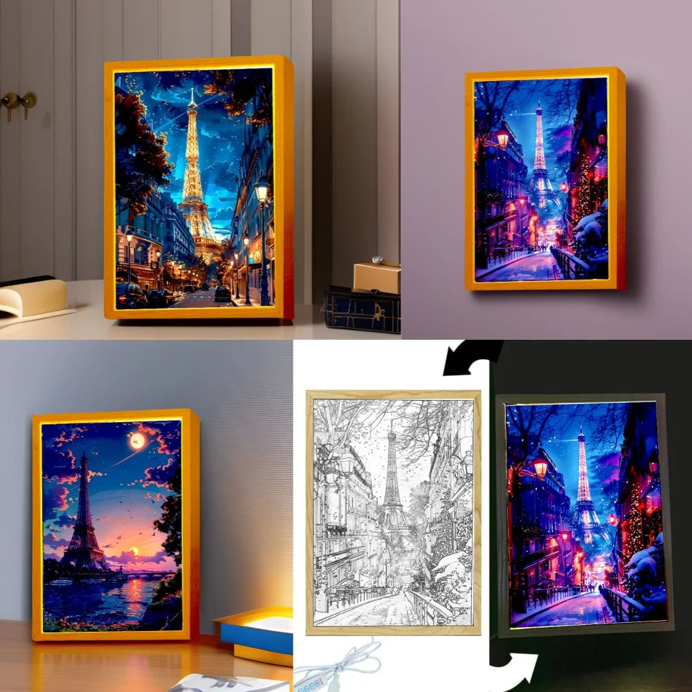 Beautiful City Paris Light Painting Photo Frame Led Night Light Wall Lamps Bedside Table Home Decorate Christmas Gifts Moon Lamp