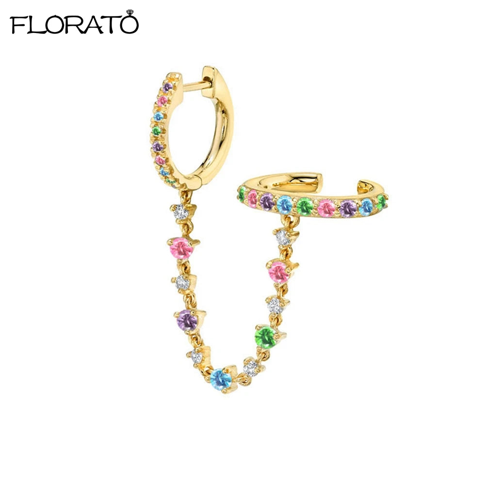 1PC 925 Silver Needle Colorful Crystal Chain Pendant Hoop Earrings For Women Two Hole Enamel Star Earrings Fashion Jewelry Gift