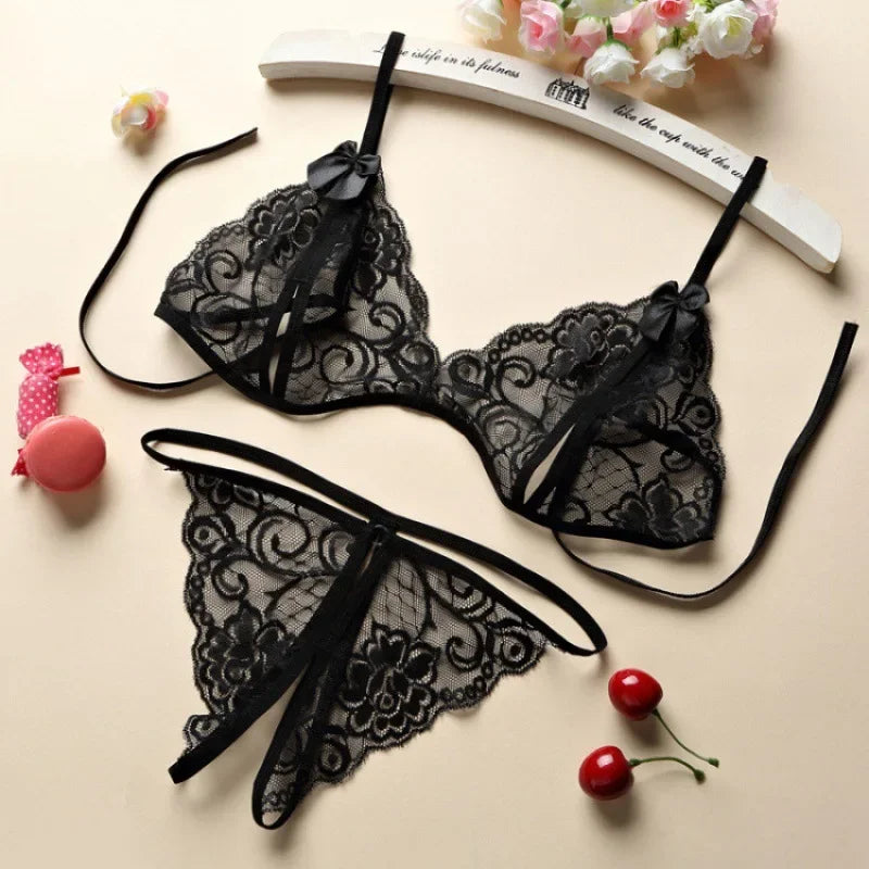 Sexy Temptation Non Padded Bra and Panties Set Tie Up Ultra Thin Underwear Couples for Date Night Open Crotch Thong Lingerie Set