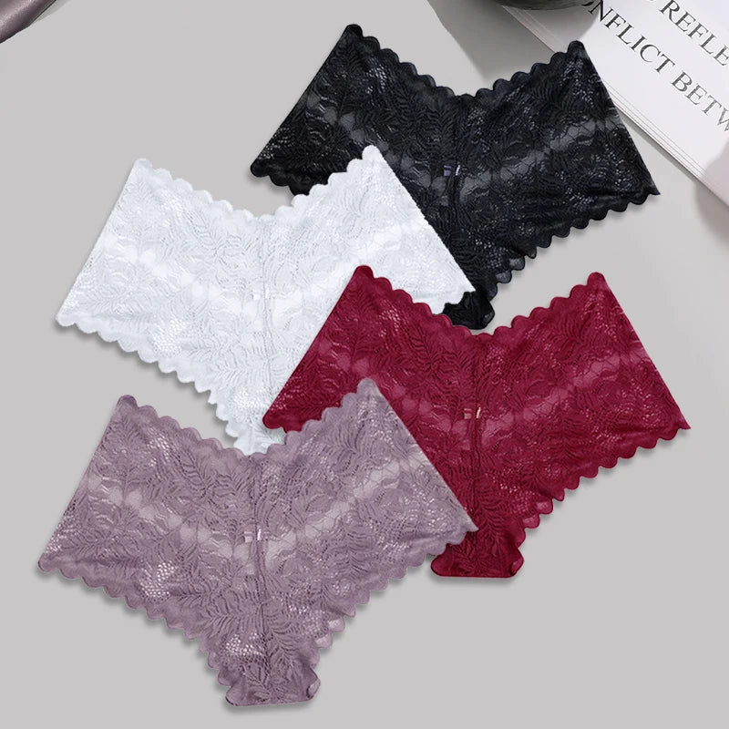 FINETOO 4pcs Lace Floral Boyshorts Underwear for Women Sexy Hollow Out Solid Panties Female Low-Waist Breathable Girls Lingerie