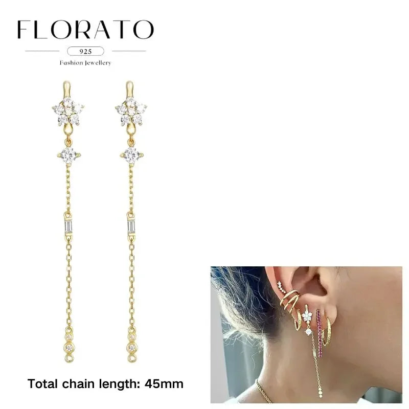 925 Sterling Silver Long Chain Tassel Drop Earring for Women Crystal Zircon Star Perforation Earring Fine Jewelry Gift Pendant