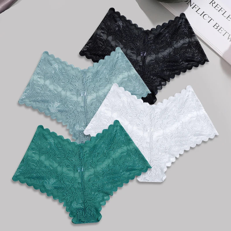 FINETOO 4pcs Lace Floral Boyshorts Underwear for Women Sexy Hollow Out Solid Panties Female Low-Waist Breathable Girls Lingerie