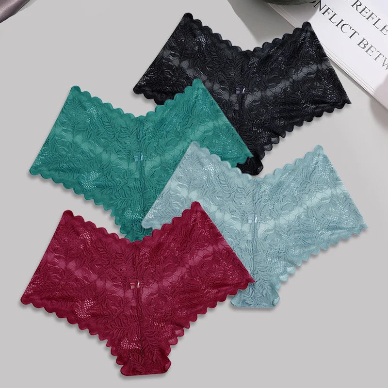 FINETOO 4pcs Lace Floral Boyshorts Underwear for Women Sexy Hollow Out Solid Panties Female Low-Waist Breathable Girls Lingerie