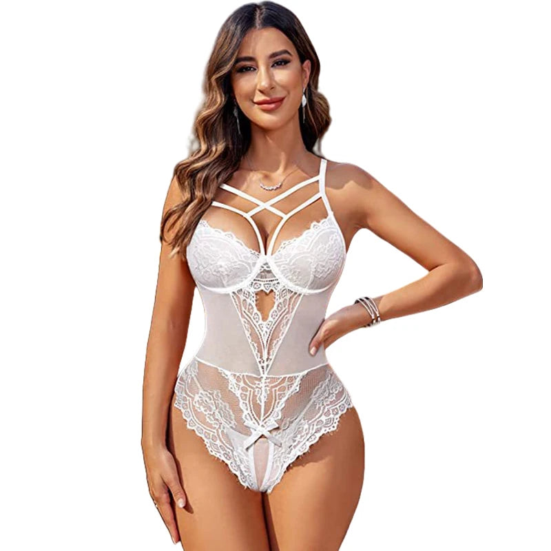 FOXWISH Plus Size Crotchless Lingerie Bodysuit Women Lace Hollow Buttock Erotic Costumes Teddy Baby Doll bodysuit