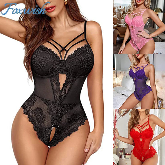 FOXWISH Plus Size Crotchless Lingerie Bodysuit Women Lace Hollow Buttock Erotic Costumes Teddy Baby Doll bodysuit