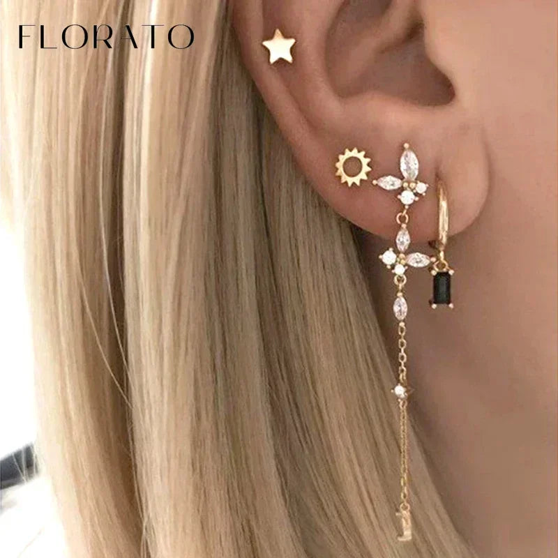 925 Sterling Silver Long Chain Tassel Drop Earring for Women Crystal Zircon Star Perforation Earring Fine Jewelry Gift Pendant