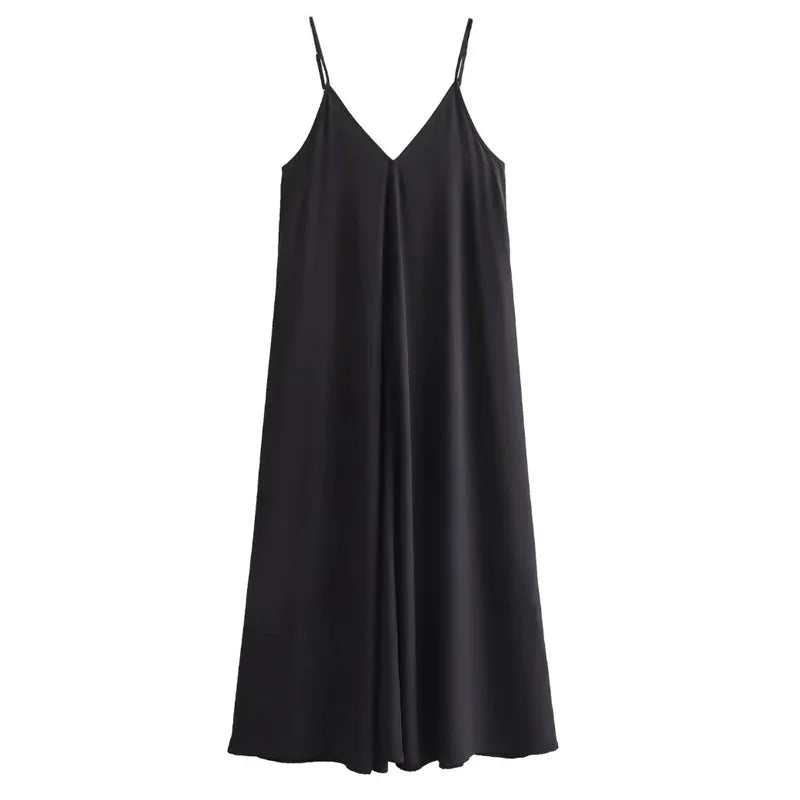 TRAF Slip Dress Women 2024 Summer Women's Loose Dresses Sleeveless Thin Straps Black Long Dresses Backless Beach Holiday Dresses