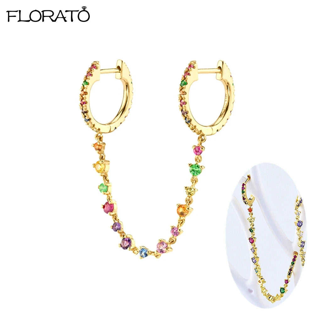 1PC 925 Silver Needle Colorful Crystal Chain Pendant Hoop Earrings For Women Two Hole Enamel Star Earrings Fashion Jewelry Gift