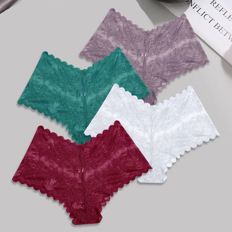 FINETOO 4pcs Lace Floral Boyshorts Underwear for Women Sexy Hollow Out Solid Panties Female Low-Waist Breathable Girls Lingerie