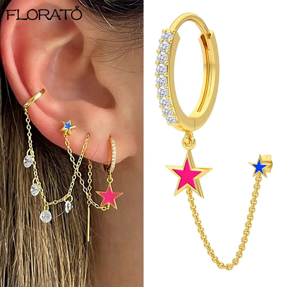 1PC 925 Silver Needle Colorful Crystal Chain Pendant Hoop Earrings For Women Two Hole Enamel Star Earrings Fashion Jewelry Gift