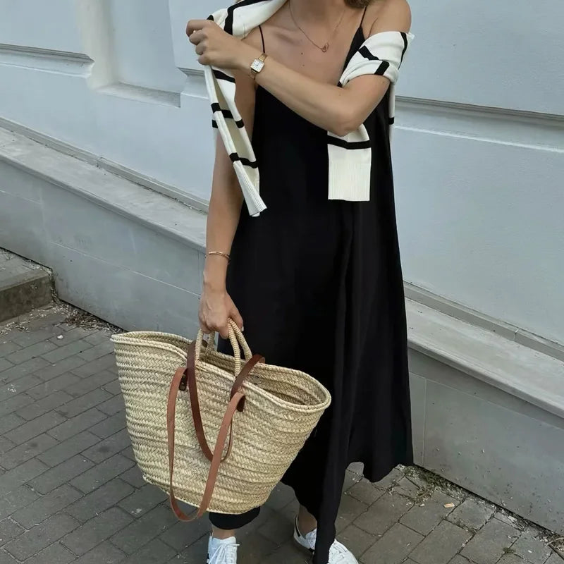 TRAF Slip Dress Women 2024 Summer Women's Loose Dresses Sleeveless Thin Straps Black Long Dresses Backless Beach Holiday Dresses