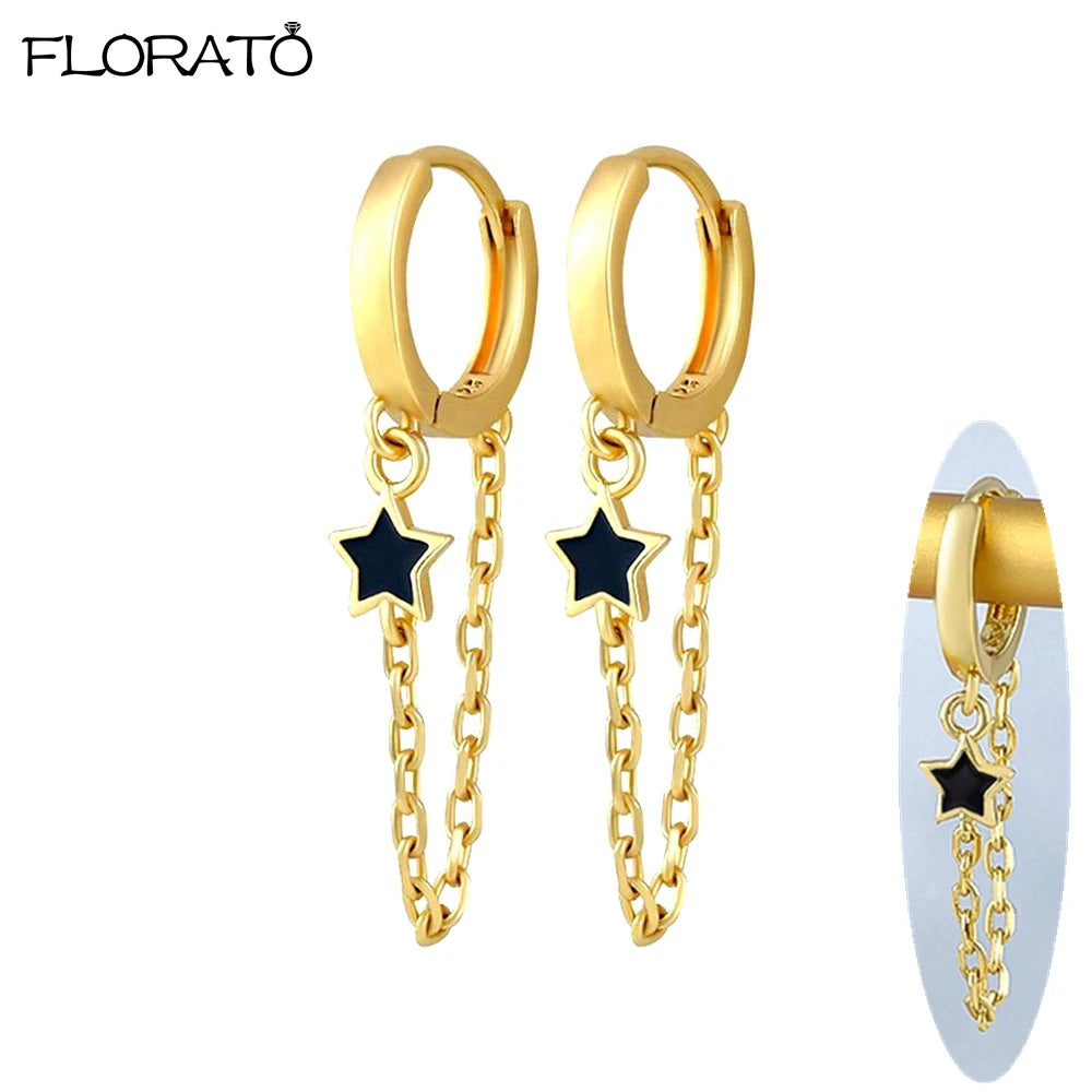 1PC 925 Silver Needle Colorful Crystal Chain Pendant Hoop Earrings For Women Two Hole Enamel Star Earrings Fashion Jewelry Gift