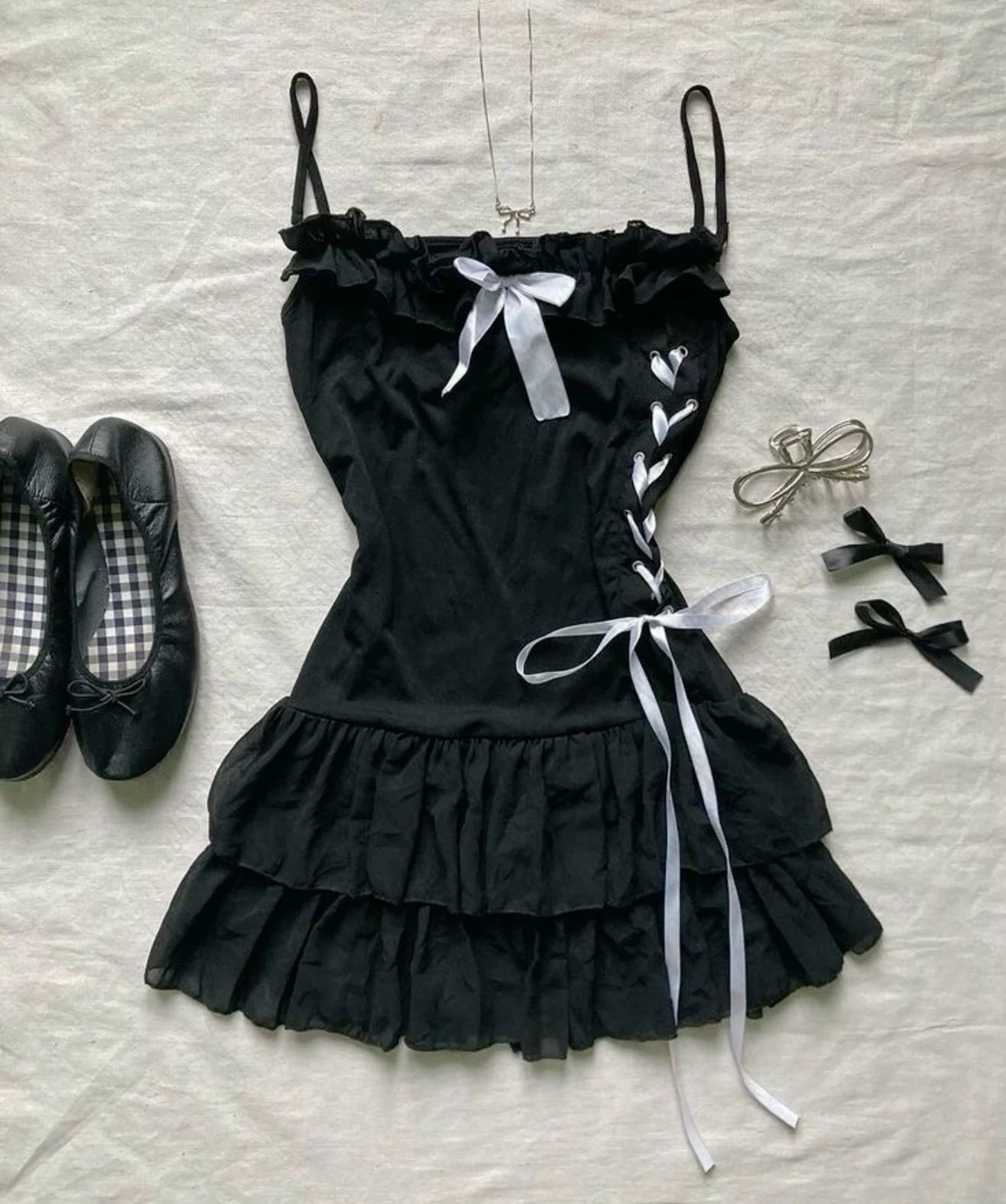 Y2K Aesthetic Streetwear Punk Girl Bow Tie Solid Sweet Fairy Dress High Street Harajuku Casual Retro Women Slim Emo A-Line Skirt