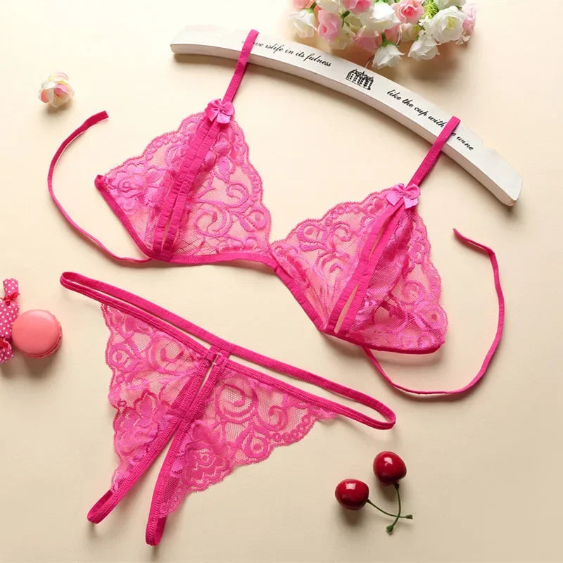 Sexy Temptation Non Padded Bra and Panties Set Tie Up Ultra Thin Underwear Couples for Date Night Open Crotch Thong Lingerie Set