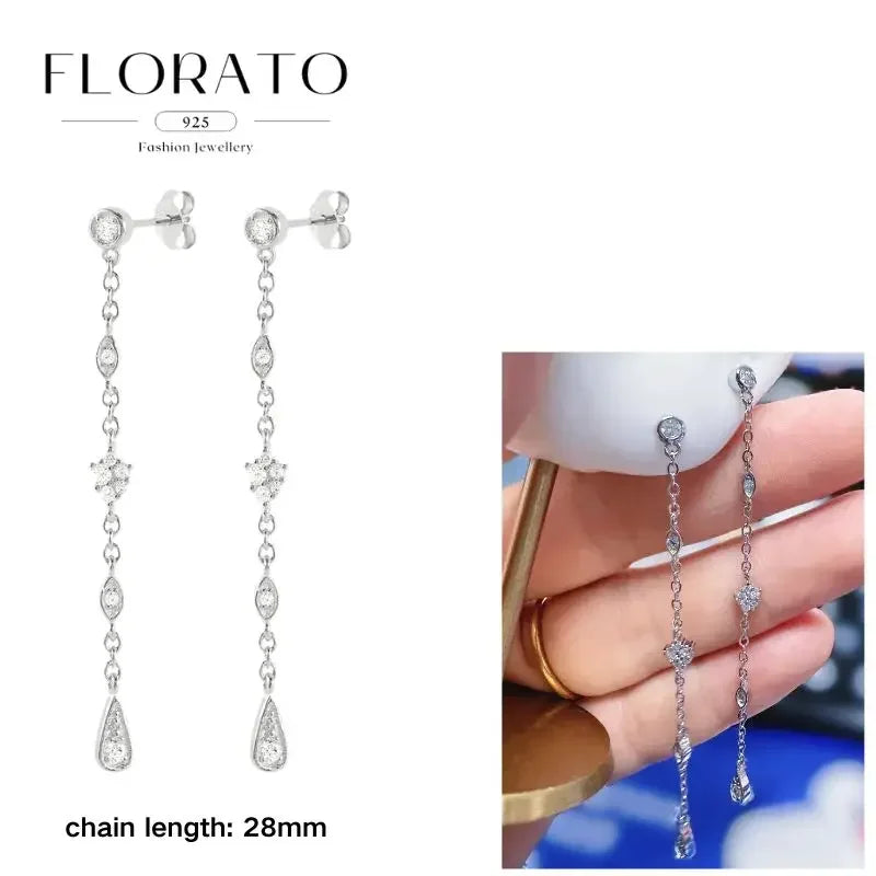 FLORATO 925 sterling silver earrings chain tassel pendant earrings zircon silver earrings for women trend Luxury Wedding Jewelry