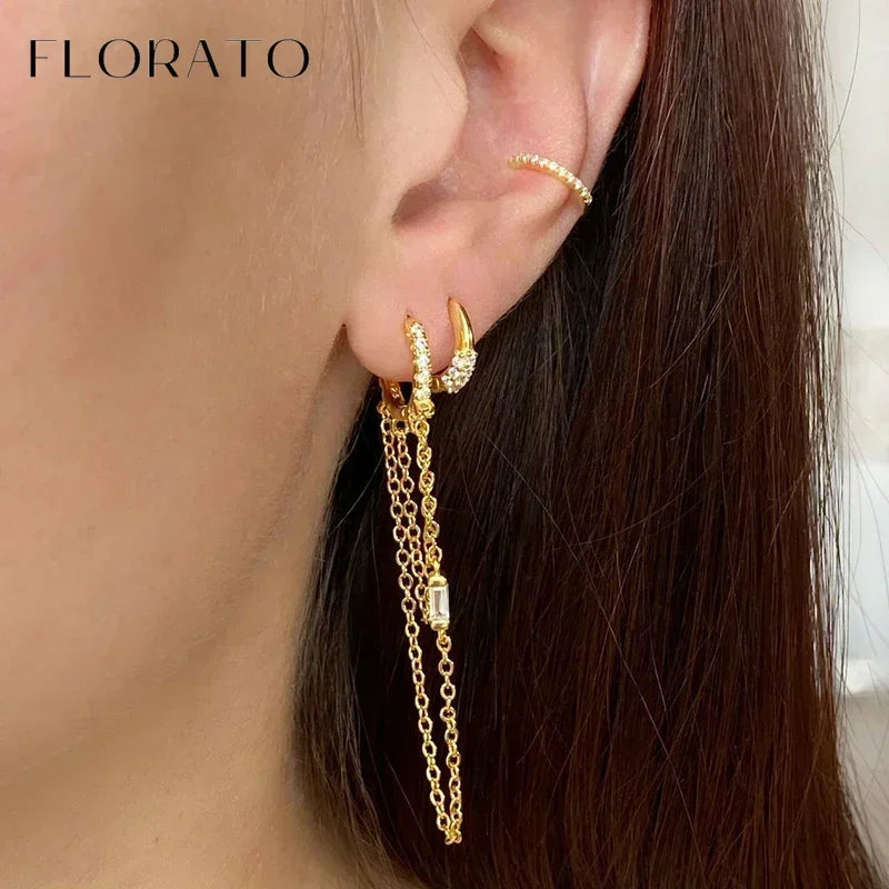 925 Sterling Silver Long Chain Tassel Drop Earring for Women Crystal Zircon Star Perforation Earring Fine Jewelry Gift Pendant