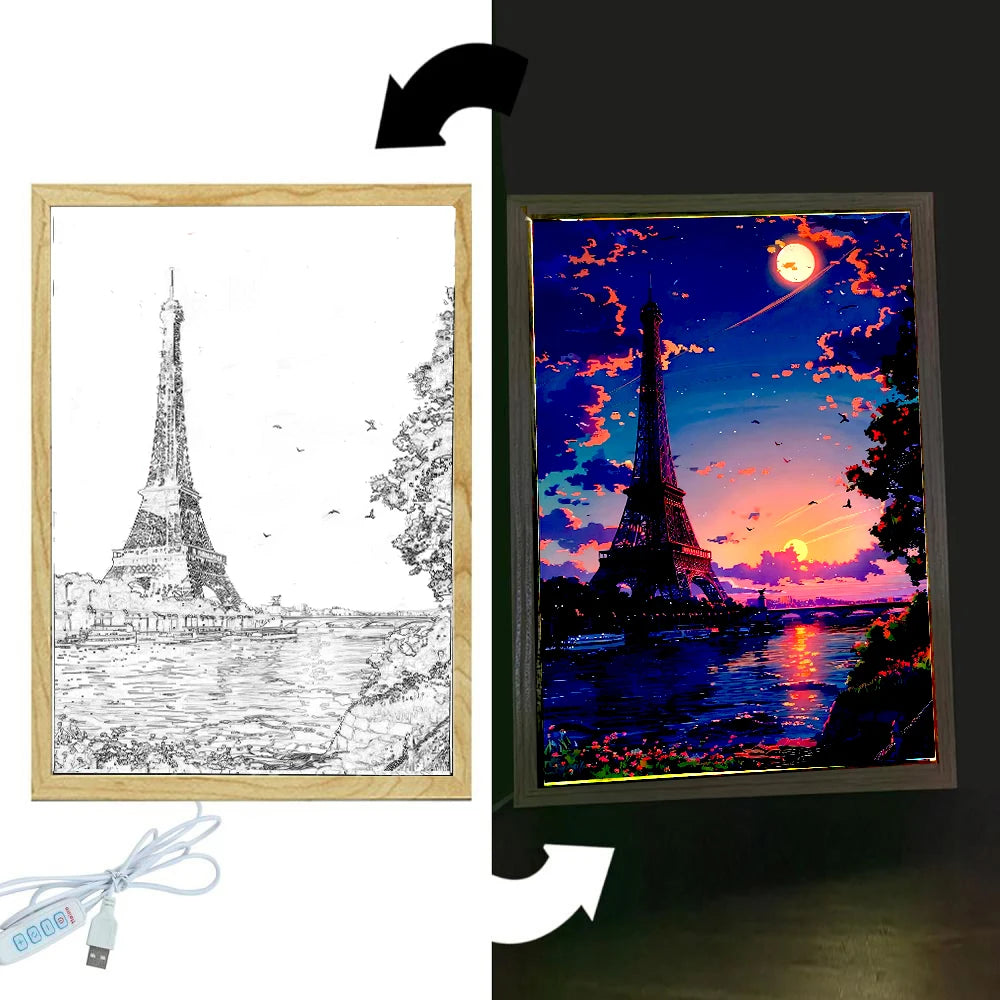 Beautiful City Paris Light Painting Photo Frame Led Night Light Wall Lamps Bedside Table Home Decorate Christmas Gifts Moon Lamp