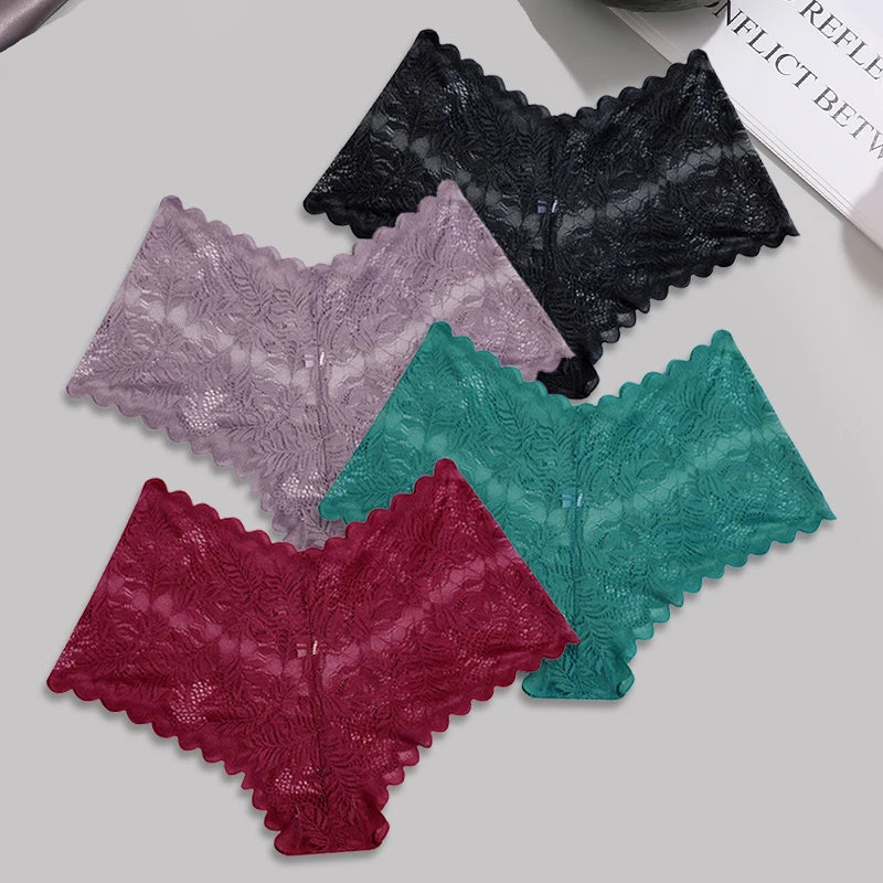 FINETOO 4pcs Lace Floral Boyshorts Underwear for Women Sexy Hollow Out Solid Panties Female Low-Waist Breathable Girls Lingerie