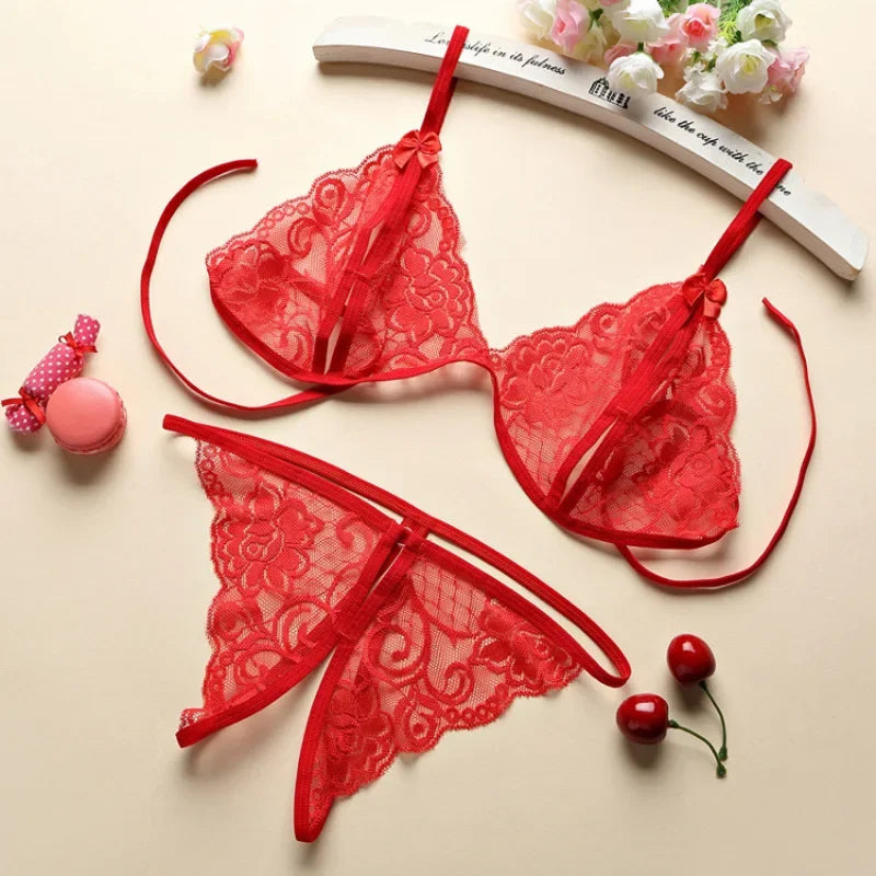 Sexy Temptation Non Padded Bra and Panties Set Tie Up Ultra Thin Underwear Couples for Date Night Open Crotch Thong Lingerie Set