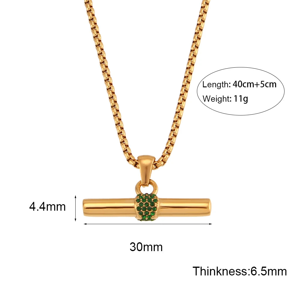 Green Crystal Color Rhinestone T Bar Pendant Square Pearl Chain Stainless Steel Gold Plated Necklace Wholesale Christmas Jewelry