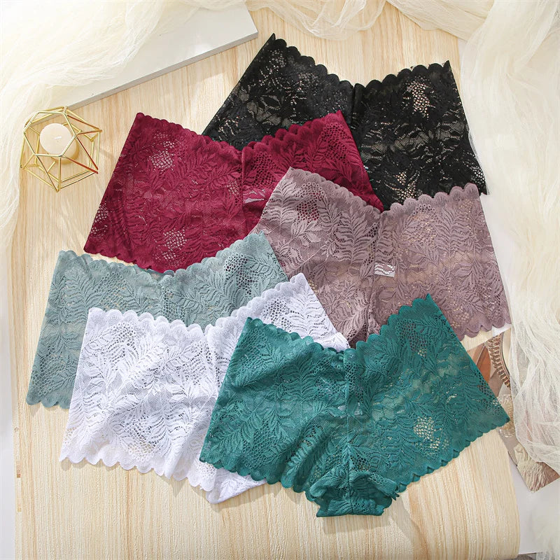 FINETOO 4pcs Lace Floral Boyshorts Underwear for Women Sexy Hollow Out Solid Panties Female Low-Waist Breathable Girls Lingerie