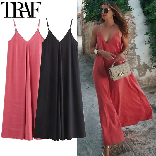 TRAF Slip Dress Women 2024 Summer Women's Loose Dresses Sleeveless Thin Straps Black Long Dresses Backless Beach Holiday Dresses