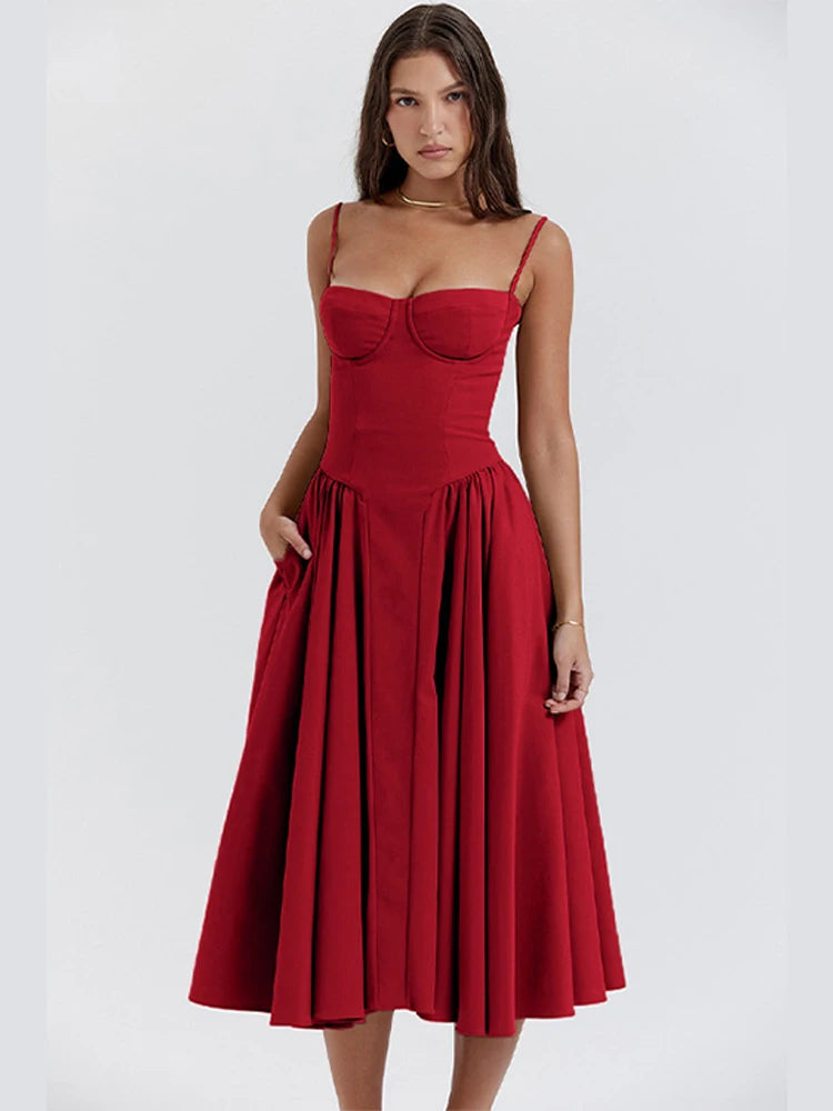 Sexy Solid Pleated Hem Sling Dress Women Fashion Midi Sleeveless Backless Dresses Female 2024 Summer Party Evening A-line Robes