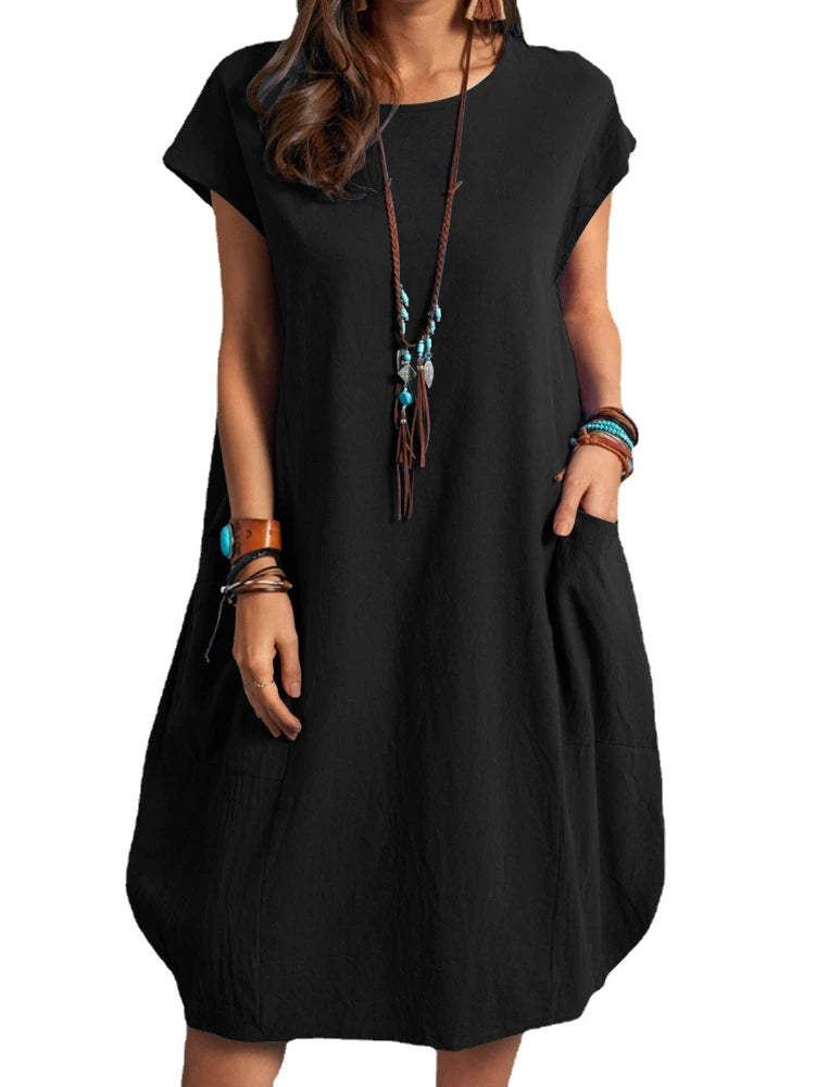 2024 New Summer Cotton Linen Loose Women Dress Casual Elegant Fashion Solid Color Pocket Sleeveless Midi Dresses Women Clothing