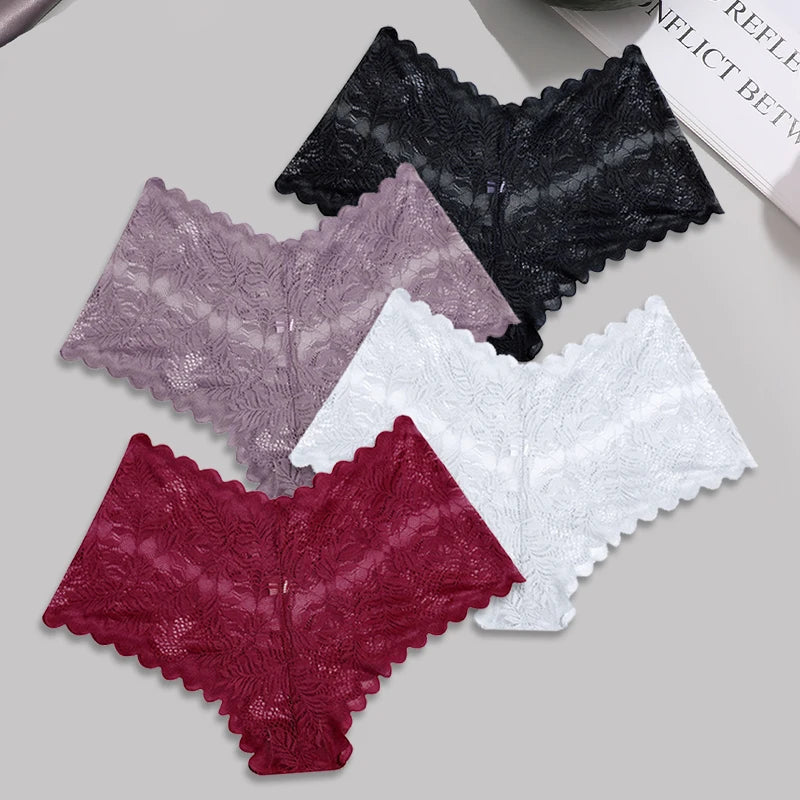 FINETOO 4pcs Lace Floral Boyshorts Underwear for Women Sexy Hollow Out Solid Panties Female Low-Waist Breathable Girls Lingerie