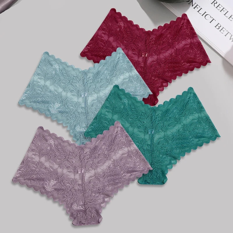 FINETOO 4pcs Lace Floral Boyshorts Underwear for Women Sexy Hollow Out Solid Panties Female Low-Waist Breathable Girls Lingerie