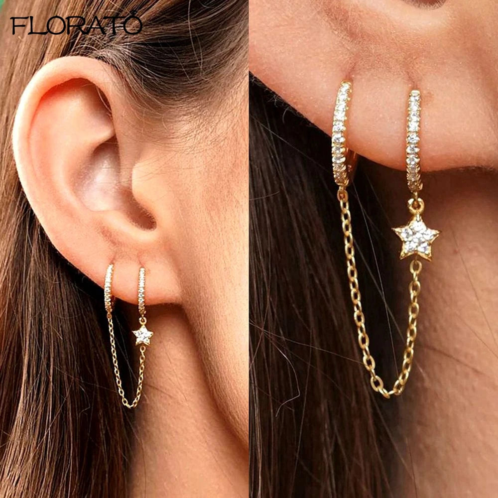 1PC 925 Silver Needle Colorful Crystal Chain Pendant Hoop Earrings For Women Two Hole Enamel Star Earrings Fashion Jewelry Gift