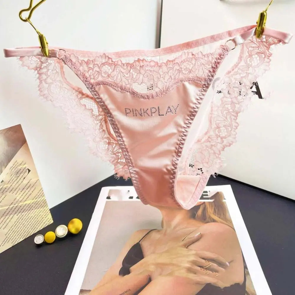 Crystal Letter Satin Silk Panties Mid Waist Underwear Rhinestone Lace Briefs Cotton Crotch Seamless Underpants for Women Lady