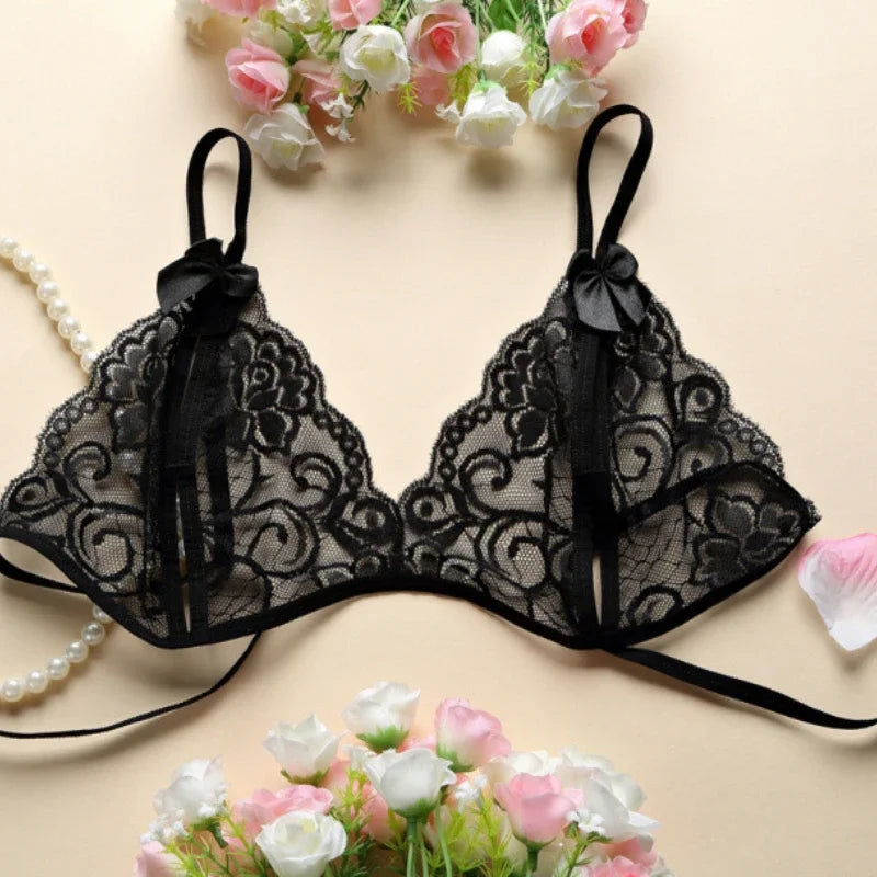 Sexy Temptation Non Padded Bra and Panties Set Tie Up Ultra Thin Underwear Couples for Date Night Open Crotch Thong Lingerie Set