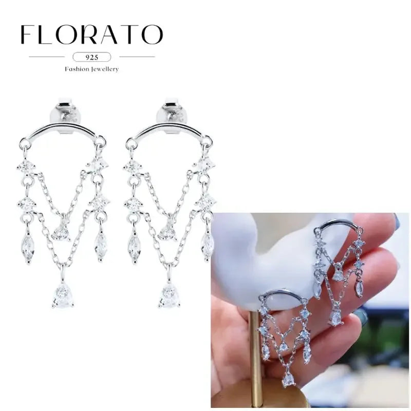 FLORATO 925 sterling silver earrings chain tassel pendant earrings zircon silver earrings for women trend Luxury Wedding Jewelry