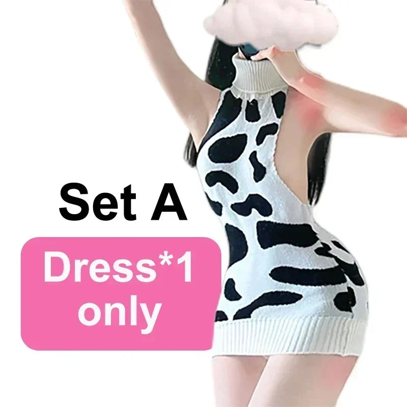 Sexy Lingerie Anime Cosplay Costumes Cow Girl Uniform Sweater Dress with Cow Print Suit Halloween Night Club Exotic Wear Women