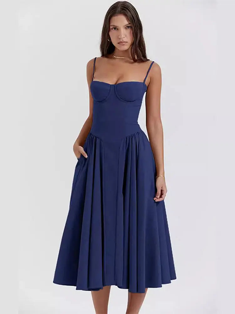 Sexy Solid Pleated Hem Sling Dress Women Fashion Midi Sleeveless Backless Dresses Female 2024 Summer Party Evening A-line Robes