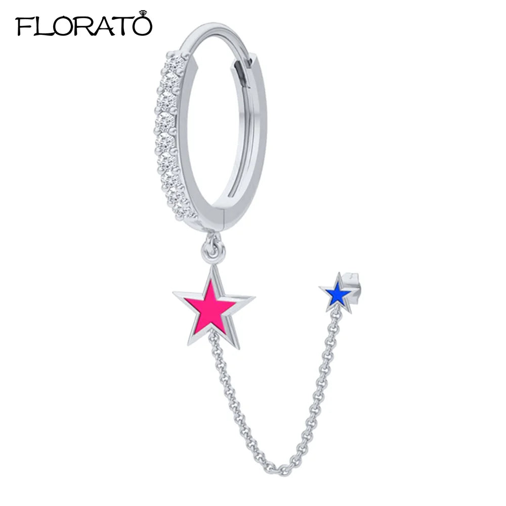 1PC 925 Silver Needle Colorful Crystal Chain Pendant Hoop Earrings For Women Two Hole Enamel Star Earrings Fashion Jewelry Gift