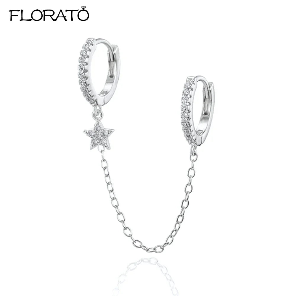 1PC 925 Silver Needle Colorful Crystal Chain Pendant Hoop Earrings For Women Two Hole Enamel Star Earrings Fashion Jewelry Gift