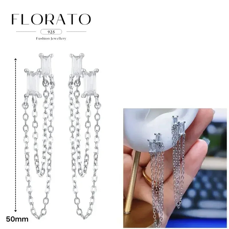 FLORATO 925 sterling silver earrings chain tassel pendant earrings zircon silver earrings for women trend Luxury Wedding Jewelry