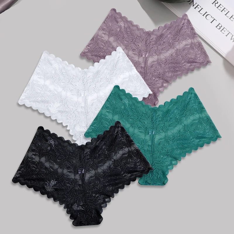 FINETOO 4pcs Lace Floral Boyshorts Underwear for Women Sexy Hollow Out Solid Panties Female Low-Waist Breathable Girls Lingerie