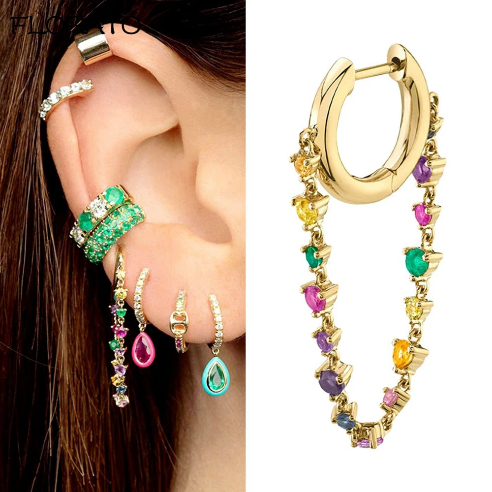 1PC 925 Silver Needle Colorful Crystal Chain Pendant Hoop Earrings For Women Two Hole Enamel Star Earrings Fashion Jewelry Gift