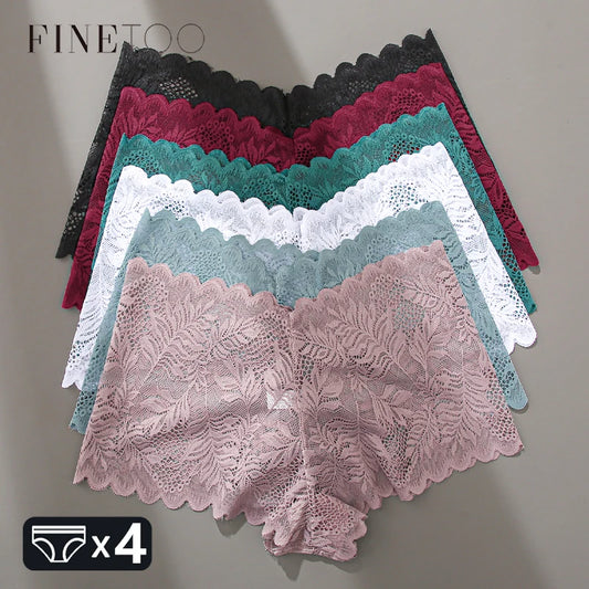 FINETOO 4pcs Lace Floral Boyshorts Underwear for Women Sexy Hollow Out Solid Panties Female Low-Waist Breathable Girls Lingerie