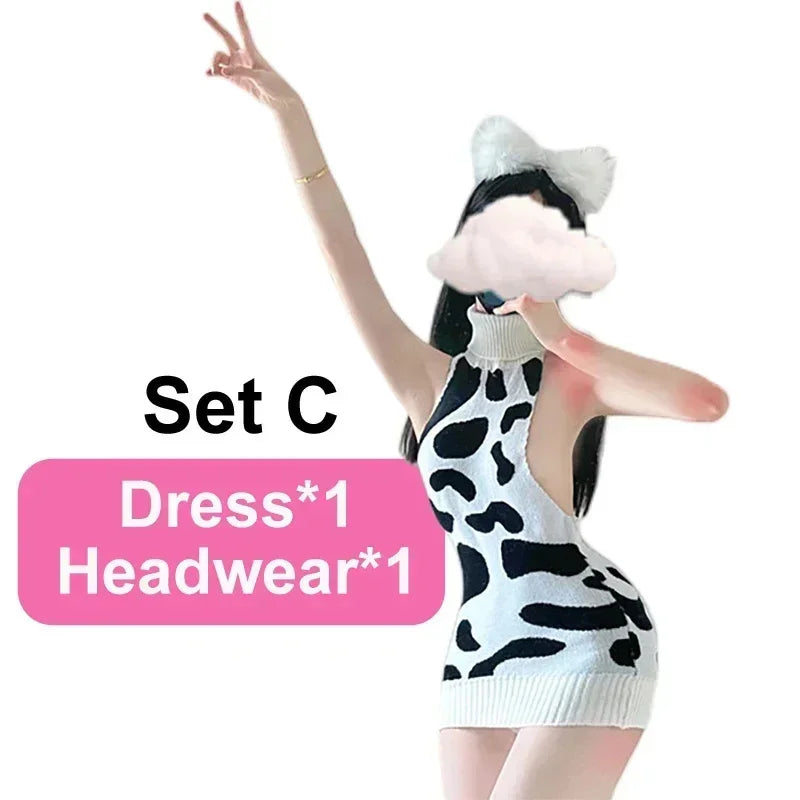 Sexy Lingerie Anime Cosplay Costumes Cow Girl Uniform Sweater Dress with Cow Print Suit Halloween Night Club Exotic Wear Women