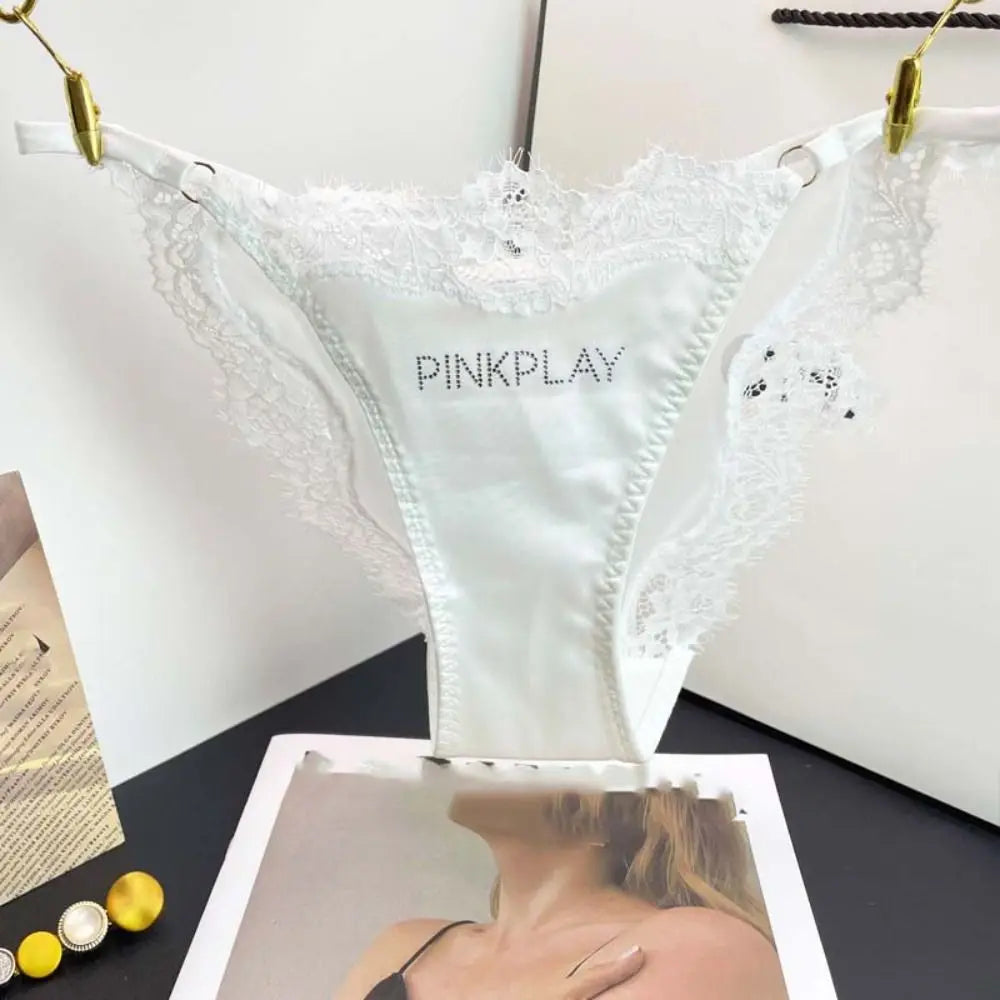 Crystal Letter Satin Silk Panties Mid Waist Underwear Rhinestone Lace Briefs Cotton Crotch Seamless Underpants for Women Lady