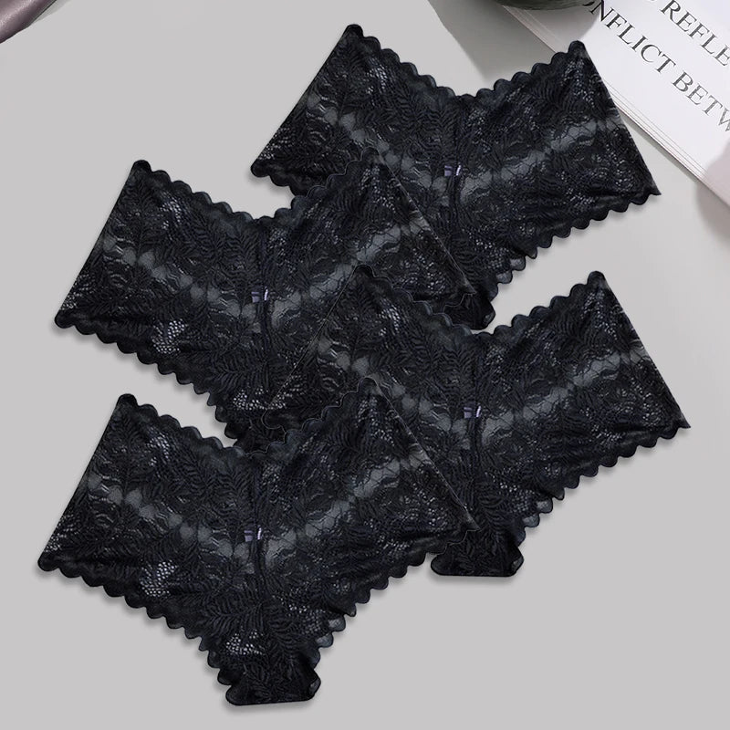 FINETOO 4pcs Lace Floral Boyshorts Underwear for Women Sexy Hollow Out Solid Panties Female Low-Waist Breathable Girls Lingerie