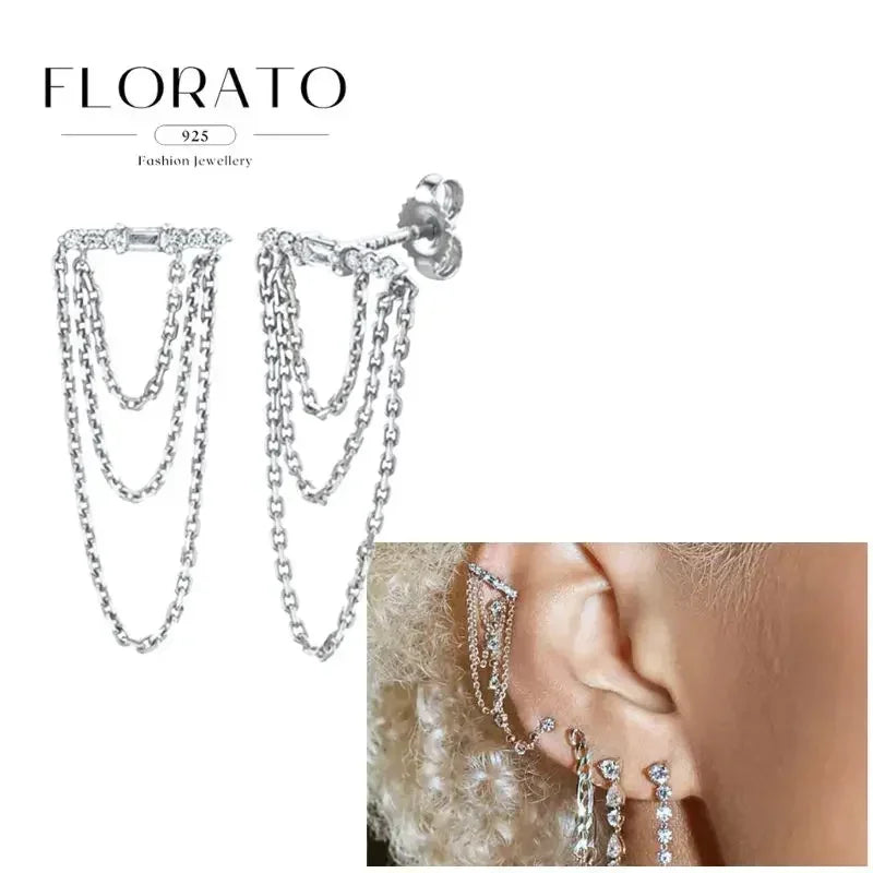 FLORATO 925 sterling silver earrings chain tassel pendant earrings zircon silver earrings for women trend Luxury Wedding Jewelry