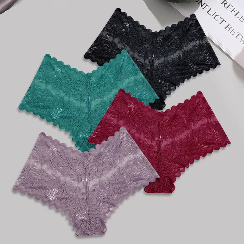 FINETOO 4pcs Lace Floral Boyshorts Underwear for Women Sexy Hollow Out Solid Panties Female Low-Waist Breathable Girls Lingerie