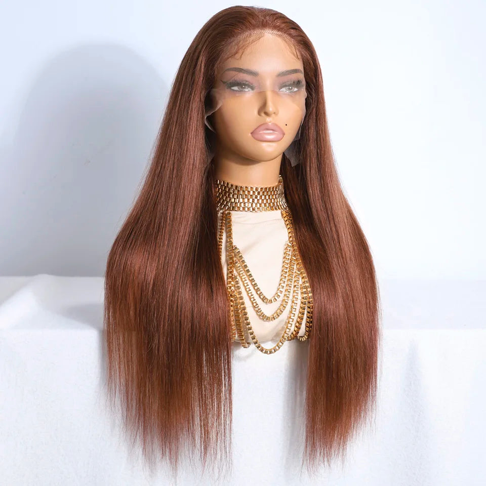 Lekker Chocolate Brown Bone Straight Lace Frontal Human Hair Wigs For Women Brazilian Remy Hair Pre Plucked Baby Hair 30" Wigs