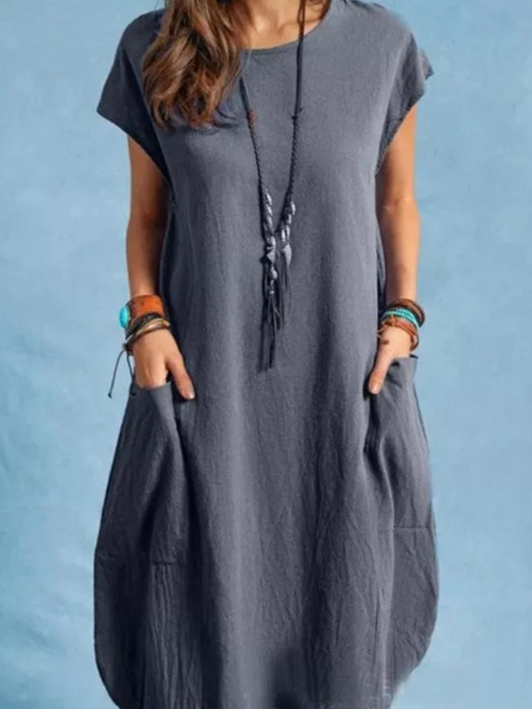 2024 New Summer Cotton Linen Loose Women Dress Casual Elegant Fashion Solid Color Pocket Sleeveless Midi Dresses Women Clothing