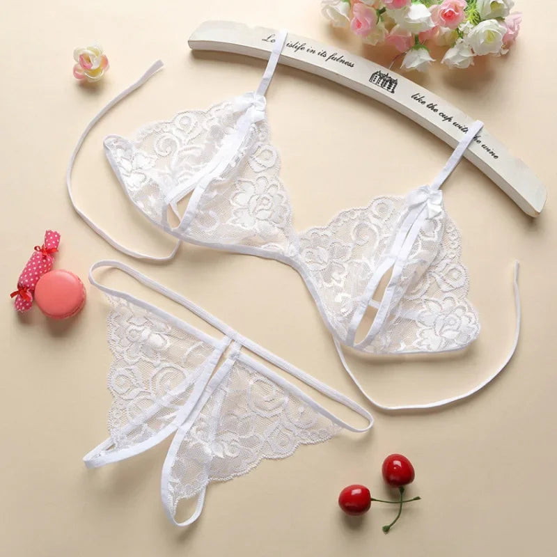 Sexy Temptation Non Padded Bra and Panties Set Tie Up Ultra Thin Underwear Couples for Date Night Open Crotch Thong Lingerie Set